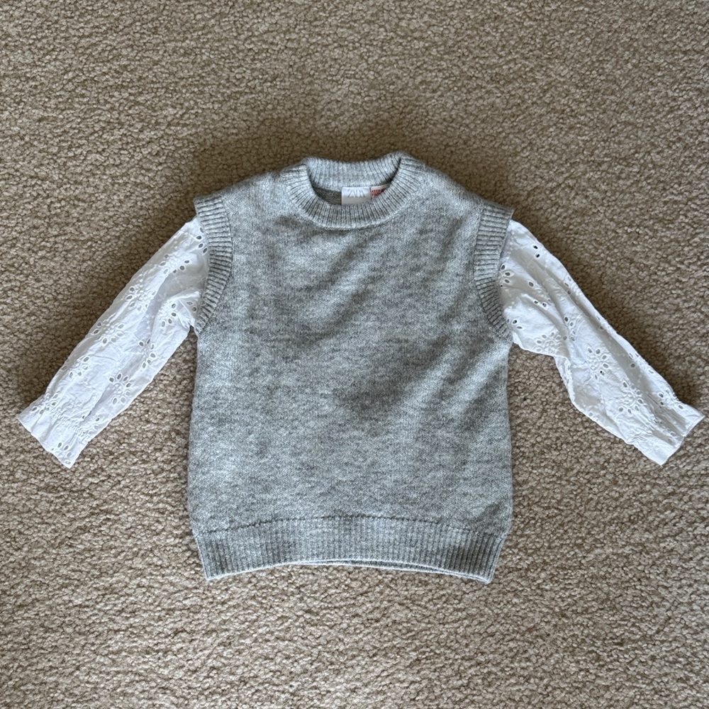 Zara Kids Gray and White Sweater Vest
